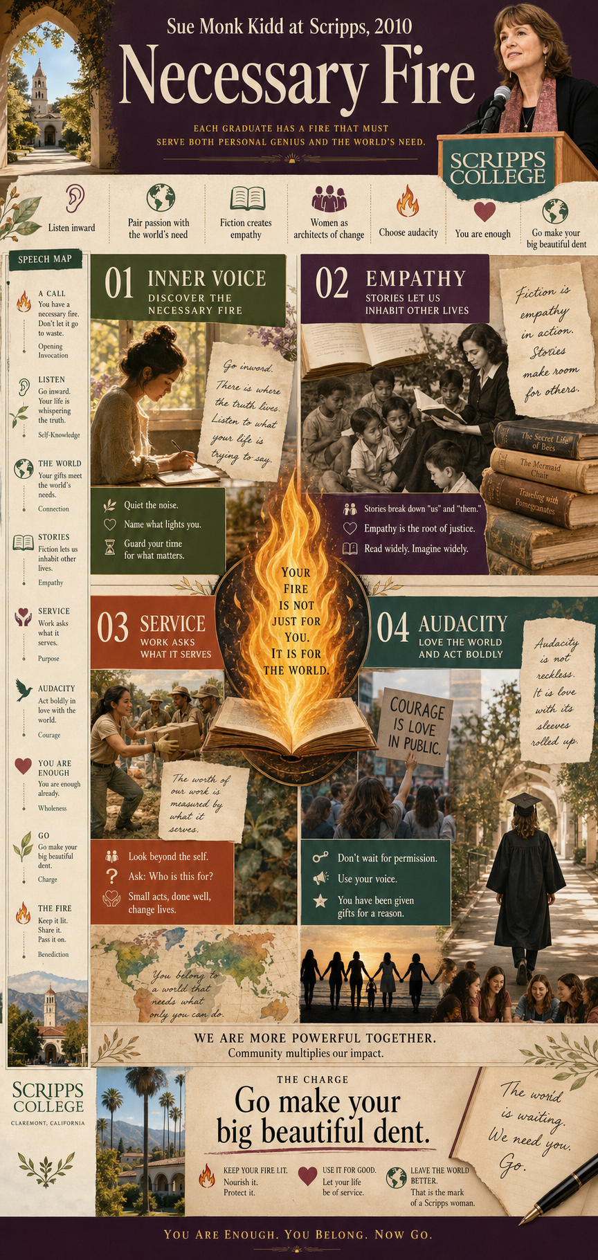 Sue Monk Kidd at Scripps, 2010. A Scripps College address about necessary fire, inner calling, empathy, service to the world, women as change-makers, and the courage to act with audacity.