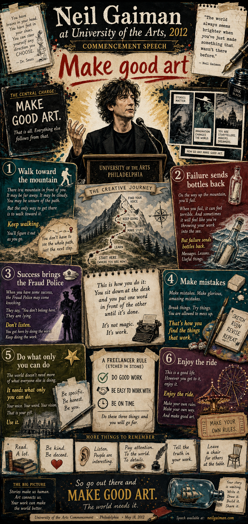 Neil Gaiman's 2012 The University of the Arts commencement address infographic