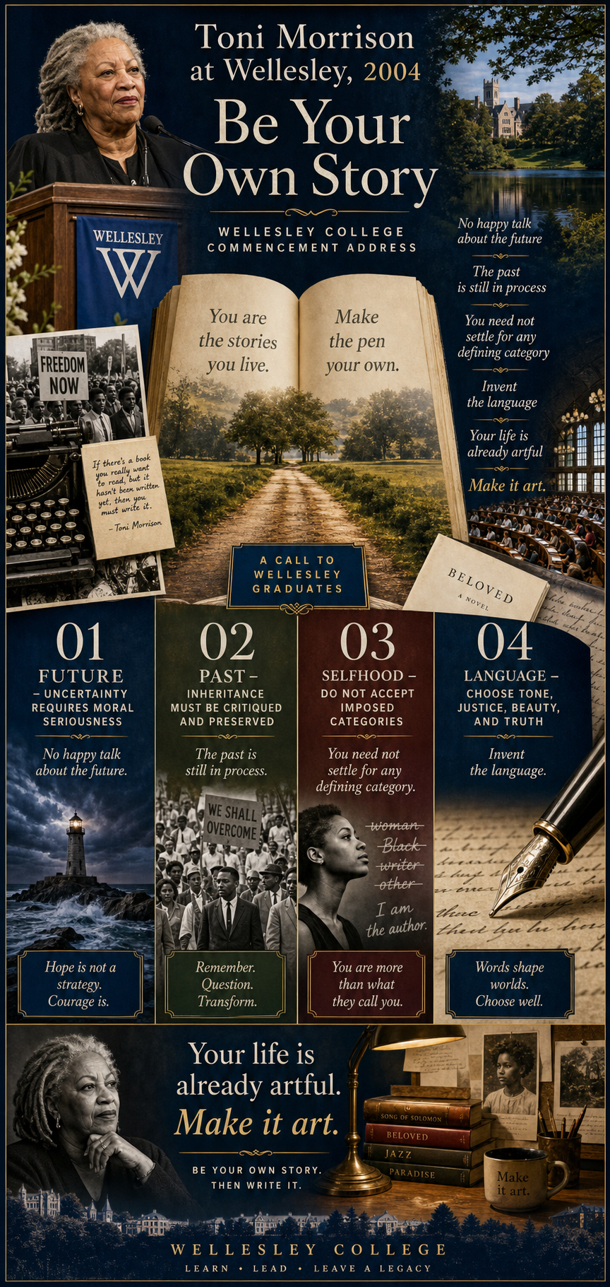 Toni Morrison's 2004 Wellesley College commencement address infographic